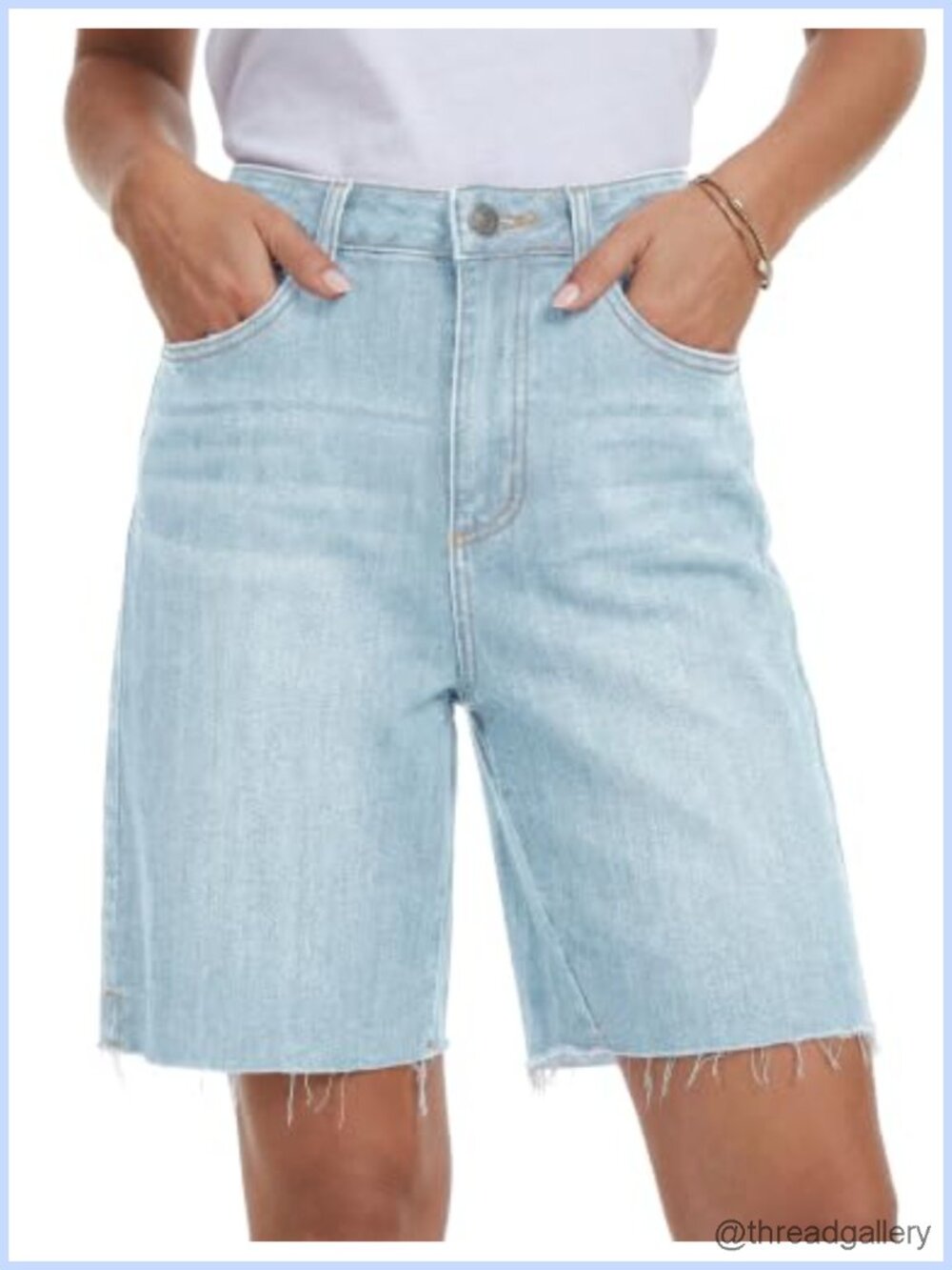 High Waist Bermuda Jean Shorts Stretchy Denim Raw Hem Side Slits